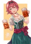  1girl alcohol beer beer_mug black_hairband blush border breasts cleavage collarbone commission cup dated dirndl german_clothes hair_between_eyes hairband highres holding holding_cup kantai_collection kinu_(kancolle) ld_(luna_dial398) mug open_mouth puffy_short_sleeves puffy_sleeves red_eyes red_hair short_hair short_sleeves signature skeb_commission smile solo teeth upper_teeth white_border 