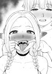  absurdres blonde_hair blush breasts cleavage dungeon_meshi falin_touden falin_touden_(tallman) greyscale hair_around_ear hair_between_eyes half-closed_eyes highres kaiman_garupan long_hair looking_at_viewer marcille_donato monochrome mouth_focus mouth_pull naughty_face nude open_mouth oral_invitation pov saliva sexually_suggestive simple_background steaming_body sweat teeth tongue tongue_out uvula white_background 