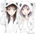  2girls a_shi_kake animal_costume bang_dream! bang_dream!_it&#039;s_mygo!!!!! blush brown_hair commentary_request flying_sweatdrops hands_up highres multiple_girls onesie open_mouth panda_costume parted_lips purple_eyes purple_hair red_eyes shiina_taki simple_background smile speech_bubble takamatsu_tomori teeth thought_bubble translation_request twitter_username upper_body upper_teeth_only white_background 