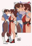  2girls akiman_pose artist_name black_hair black_thighhighs blush bracelet breasts brown_eyes brown_hair bun_cover capcom_vs_snk china_dress chinese_clothes chun-li commentary double_bun dress earrings english_commentary eye_contact fatal_fury hair_behind_ear hair_bun hands_on_own_hips heart highres jewelry kamii_momoru kiss long_hair looking_at_another medium_breasts multiple_girls puffy_short_sleeves puffy_sleeves red_dress shiranui_mai short_sleeves spiked_bracelet spikes street_fighter street_fighter_6 surprised the_king_of_fighters thighhighs yuri 