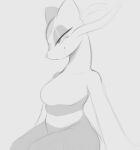  anthro arteficialtrees biped breasts ears_up eyelashes eyeliner featureless_breasts female generation_5_pokemon grey_background hi_res long_neck looking_aside makeup mienshao monochrome nintendo pokemon pokemon_(species) side_view simple_background sitting sketch smile smirk solo whiskers 