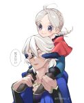  1boy 1girl 55tohya_2 ahoge black_bridal_gauntlets braid bridal_gauntlets capelet father_and_daughter fire_emblem fire_emblem_fates grey_hair hood hood_down hooded_capelet low_twin_braids low_twintails niles_(fire_emblem) nina_(fire_emblem) red_hood speech_bubble translation_request twin_braids twintails white_hair 