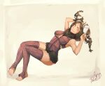  1girl aidenr0 animal_ears armor breasts brown_fur cleavage commission facial_mark fire_emblem fire_emblem_awakening full_body hair_around_ear highres large_breasts no_panties panne_(fire_emblem) purple_armor rabbit_ears rabbit_girl solo string_belt taguel thighhighs 