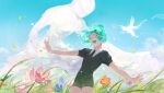  1other androgynous aqua_hair black_necktie blue_flower blue_sky bug butterfly chinese_commentary closed_eyes cloud cloud_focus cowboy_shot crystal_hair day dual_persona facing_ahead field flower flower_field gem_uniform_(houseki_no_kuni) glint grass happy highres houseki_no_kuni nature necktie open_mouth orange_flower other_focus outstretched_arms phosphophyllite phosphophyllite_(10000) puffy_short_sleeves puffy_sleeves purple_flower red_flower short_hair short_sleeves sky sparkle spoilers xiaoxiaoguguzi 