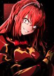  1girl absurdres alear_(female)_(fire_emblem) alear_(fire_emblem) bow bowtie crossed_bangs dark_persona evil_smile eyelashes fire_emblem fire_emblem_engage gloves hair_between_eyes highres long_hair long_sleeves looking_at_viewer red_bow red_bowtie red_eyes red_hair smile solo teeth tiara to_(tototo_tk) upper_body 