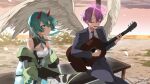  1boy 1girl angel_wings aqua_hair blue_tassel breasts cleavage cleavage_cutout closed_eyes closed_mouth clothing_cutout cloud collared_shirt commission dragon_girl falling_petals green_eyes grey_necktie grey_pants grey_suit guitar hair_between_eyes halo highres holding holding_guitar holding_instrument horns indie_virtual_youtuber instrument k_(art71) miri_mizuhiki necktie oni open_mouth pants petals pointy_ears possiblyadri purple_hair red_horns shirt single_horn sitting skeb_commission sky suit virtual_youtuber white_petals white_shirt white_wings wings 