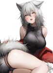  1girl absurdres animal_ears arknights bare_shoulders black_shirt breasts hair_between_eyes highres jacket large_breasts open_mouth projekt_red_(arknights) red_jacket shirt short_hair simple_background sleeveless sleeveless_shirt solo tab_head tail white_background wolf_ears wolf_girl wolf_tail yellow_eyes 