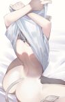  1girl absurdres animal_ears ass back bare_back bottomless clothes_lift from_behind grey_hair highres hololive lifting_own_clothes lion_ears lion_girl lion_tail shirt shirt_lift shishiro_botan sitting solo tail tsushi undressing virtual_youtuber white_shirt 