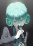  1191174237 1girl black_background black_suit blue_eyes blue_hair blue_nails collared_shirt commentary_request cropped_torso double_bun earrings hair_between_eyes hair_bun hatsune_miku holding holding_microphone jewelry long_sleeves medium_hair microphone shirt simple_background solo spotlight suit upper_body vocaloid 