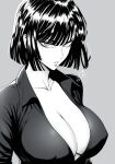  1girl absurdres bob_cut breasts cleavage fubuki_(one-punch_man) greyscale highres large_breasts looking_at_viewer monochrome mostlybluewyatt one-punch_man parted_lips short_hair signature solo upper_body v_neck wing_collar 