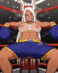  1girl abs afrobull animal_ear_fluff artist_name bare_shoulders blue_gloves blue_shorts blurry blurry_background boku_no_hero_academia boxing_gloves boxing_ring breasts character_name covered_nipples dark-skinned_female dark_skin eyelashes feet_out_of_frame foreshortening gloves half-closed_eye highres large_breasts long_hair looking_at_viewer mirko nipples on_stool open_mouth pants red_eyes shorts sitting smug sports_bra spread_legs steaming_body stool sweat toned v-shaped_eyebrows very_long_hair white_hair white_sports_bra 