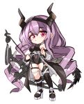  1girl arknights asymmetrical_legwear bare_shoulders bow_(weapon) breasts curly_hair full_body godgamesc2 hair_between_eyes hairband highres holding holding_bow_(weapon) holding_weapon horns large_breasts long_sleeves looking_at_viewer mismatched_legwear pink_eyes purple_hair simple_background solo standing tail typhon_(arknights) weapon white_background 