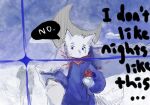  2022 anthro biped blue_clothing blue_eyes blue_hoodie blue_topwear canid canine canis clothing english_text flower fur hi_res holding_flower holding_object hoodie itooku itooku_(character) looking_at_viewer male mammal moon night plant slim_anthro slim_male solo text topwear white_body white_fur wolf 