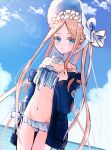  1girl abigail_williams_(fate) abigail_williams_(swimsuit_foreigner)_(fate) abigail_williams_(swimsuit_foreigner)_(third_ascension)_(fate) arm_at_side bare_shoulders bikini black_jacket blonde_hair blue_eyes blue_sky bow cloud commentary_request cowboy_shot day dutch_angle expressionless fate/grand_order fate_(series) hand_up jacket lens_flare long_hair looking_at_viewer navel ocean open_clothes open_jacket outdoors parted_bangs sese_nagi sidelocks sky solo stomach swimsuit twitter_username very_long_hair white_bikini white_bonnet white_bow 
