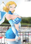 1girl artist_name bandeau blonde_hair blue_eyes braid breasts checkered_clothes elbow_gloves flag flytrapxx gloves grin hair_ornament hairclip highres holding holding_flag large_breasts long_hair midriff navel outdoors patreon_logo patreon_username pointy_ears princess_zelda race_queen smile strapless the_legend_of_zelda thighhighs tube_top white_gloves white_thighhighs 