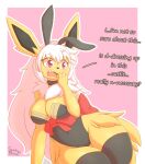  anthro biped blush border breasts bunny_costume cleavage clothed clothing costume dialogue eeveelution english_text fake_ears fake_rabbit_ears fangs female fur generation_1_pokemon hair hi_res jolteon legwear nintendo open_mouth pink_background pokemon pokemon_(species) question_mark red_eyes simple_background snackbunnii solo stuttering teeth text thigh_highs white_border white_hair yellow_body yellow_fur 