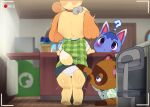  ambiguous_gender animal_crossing anthro barefoot barely_visible_genitalia barely_visible_pussy biped blue_eyes blush bodily_fluids brown_body brown_fur butt canid canine canis clothed clothing dagasi domestic_cat domestic_dog feet felid feline felis female fur genitals group hi_res isabelle_(animal_crossing) mammal nintendo olivia_(animal_crossing) open_mouth orange_body orange_fur procyonid pussy question_mark raccoon rear_view speech_bubble sweat tail tom_nook_(animal_crossing) trio underwear yellow_body yellow_fur 