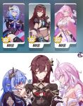  3girls angry bikini black_bikini black_dress black_shorts blue_eyes blue_shirt blush breasts caidaosanhua cleavage_cutout closed_eyes clothing_cutout detached_sleeves dress earrings eden_(honkai_impact) elf elysia_(herrscher_of_human:ego)_(honkai_impact) elysia_(honkai_impact) eyewear_on_head game_screenshot_inset gloves hair_ornament hand_on_another&#039;s_face hand_on_own_chin heart herrscher_of_corruption holding_hands honkai_(series) honkai_impact_3rd jewelry large_breasts multiple_girls orange_eyes pink_eyes pointy_ears red_hair see-through see-through_sleeves shirt short_sleeves shorts side_cutout smile swimsuit thighs upper_body white_background white_gloves white_shirt white_veil yellow_eyes yuri 