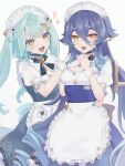  2girls :d absurdres alternate_costume apron aqua_hair aqua_pupils arm_around_waist blue_choker blue_hair blue_ribbon breasts choker commentary_request drill_hair enmaided faruzan_(cafe)_(genshin_impact) faruzan_(genshin_impact) frilled_apron frills genshin_impact green_nails hair_between_eyes hair_ornament hands_on_own_chest hands_up heart highres layla_(genshin_impact) long_hair maid maid_apron maid_headdress multiple_girls neck_ribbon nervous_smile nervous_sweating official_alternate_costume pointy_ears puffy_short_sleeves puffy_sleeves ribbon short_sleeves sidelocks simple_background smile sweat sweatdrop symbol-shaped_pupils triangle-shaped_pupils twintails underbust ura_(hamburg_oniku) waist_apron white_apron white_background white_wrist_cuffs wrist_cuffs x_hair_ornament yellow_eyes 