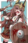 1girl :3 absurdres armor axe bikini_armor blood blue_background blush border brown_eyes brown_hair commentary fake_horns fang flower_035 helmet highres holding holding_axe holding_shield hololive horned_helmet horns inugami_korone inugami_korone_(viking) jewelry leather_armor long_hair looking_at_viewer necklace open_mouth pauldrons paw_print shield shoulder_armor solo symbol-only_commentary viking virtual_youtuber white_border 