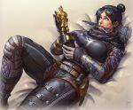  1girl apex_legends belt black_bodysuit black_gloves black_hair black_scarf blue_eyes bodysuit breasts brown_belt commission english_commentary gloves hair_behind_ear hair_bun holding holding_trophy hope&#039;s_dusk_(apex_legends) kunai large_breasts lying mirage_(apex_legends) realistic scarf single_hair_bun solo thigh_belt thigh_strap too_much_witt trophy v-shaped_eyebrows weapon weapon_in_mouth xevious_(user_mrkh2888) 