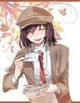  1girl black_hair brown_headwear brown_jacket brown_shorts business_card cabbie_hat closed_eyes collared_shirt flat_cap fuuga_(perv_rsity) hat holding jacket long_sleeves necktie newspaper no_wings open_mouth red_necktie shameimaru_aya shameimaru_aya_(newsboy) shirt short_hair shorts suit_jacket tie_clip touhou white_background 