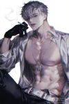  1boy abs absurdres belt black_gloves black_pants cigarette collarbone dog_tags gloves hair_over_one_eye highres holding holding_cigarette ilay_riegrow light_particles long_sleeves male_focus navel nipples open_clothes open_shirt pants passion_(manhwa) shirt short_hair simple_background smoke_trail solo toned toned_male twitter_username white_background white_belt white_hair white_shirt whiteislife_4 