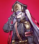  1girl altair_(re:creators) armband belt black_coat buttons coat gauntlets gold_trim gradient_background hair_between_eyes hair_ribbon hat highres lion_head_(ornament) looking_at_viewer looking_to_the_side lplpsteven military_uniform re:creators red_background red_eyes red_ribbon ribbon shako_cap solo twintails uniform upper_body white_hair 