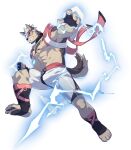  1boy abs animal_ears bara bare_pectorals bare_shoulders beenic biceps bulge claws dog_ears dog_tail electricity furry furry_male gloves goggles gyee husky male_focus manly muscular muscular_male nipples official_art pectoral_cleavage pectorals shorts smile solo tail tattoo thick_arms thick_thighs thighs tight topless topless_male zixiong_zix 