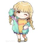  1girl ;3 akio02031 arm_up blonde_hair blue_skirt blush braid chibi chibi_only commentary_request fujita_kotone full_body gakuen_idolmaster hair_ribbon idolmaster jacket long_hair looking_at_viewer multicolored_clothes multicolored_jacket one_eye_closed ribbon shirt shoes simple_background skirt smile sneakers solo twin_braids twitter_username v very_long_hair white_background yellow_eyes yellow_shirt 