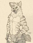  anthro bulge clothing fangs fur hi_res hyena looking_at_viewer male mammal monochrome neck_tuft pantes restricted_palette richard_foley sepia smile smirk solo striped_body striped_fur stripes teeth tuft underwear undressing undressing_self 