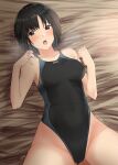  1girl amagami bangs black_hair black_swimsuit blush bob_cut breasts commentary_request competition_swimsuit eyebrows_visible_through_hair highleg highres jacket looking_at_viewer lying medium_breasts nanasaki_ai on_back one-piece_swimsuit open_mouth short_hair solo swimsuit ykh1028 