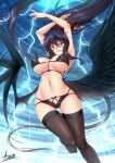  1girl adsouto armpits arms_up ass_visible_through_thighs asymmetrical_wings black_bra black_feathers black_hair black_panties black_thighhighs black_wings bra breasts breasts_apart commentary demon_girl demon_wings english_commentary feathers floating_hair flying hair_ribbon high_ponytail high_school_dxd highres himejima_akeno large_breasts large_wings lightning lingerie long_hair low_wings navel panties parted_lips ponytail purple_eyes raised_eyebrows ribbon sidelocks skindentation sky solo stomach thighhighs thighs underwear underwear_only very_long_hair wings 