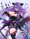  1girl absurdres armor black_armor black_panties black_thighhighs breasts camilla_(fire_emblem) camilla_(resplendent)_(fire_emblem) ceroccb cleavage clothing_cutout commission fake_horns fire_emblem fire_emblem_fates fire_emblem_heroes gloves hair_over_one_eye highres horns large_breasts official_alternate_costume panties purple_eyes purple_gloves purple_hair side_cutout solo thighhighs underwear wavy_hair 