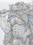  2022 47reaperz abs anthro blaidd_(elden_ring) bulge canid canine canis cape claws clothing elden_ring facial_scar fangs finger_claws fromsoftware greatsword hi_res holding_object holding_sword holding_weapon male mammal melee_weapon muscular muscular_anthro muscular_male nipples scar simple_background solo sword traditional_media_(artwork) video_games weapon white_background wolf 