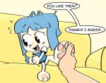  2024 anthro blue_hair bodily_fluids canid canine clothed clothing dialogue disembodied_hand duo english_text fangs feet female foot_focus foot_rub fully_clothed furniture hair kunshikter mammal open_mouth pawpads sock-eater sofa speech_bubble sulu_(kunshikter) sweat sweatdrop tasqyn_studio teeth text tongue young young_anthro young_female 