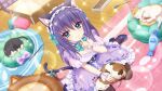  1girl animal_ear_hairband animal_ears animal_on_lap aqua_bow aqua_eyes bell black_hairband black_pantyhose black_tail blue_footwear bow breasts calico cat cat_ear_hairband cat_ears cat_on_lap cat_tail cat_teaser closed_mouth dot_nose dress fake_animal_ears fake_tail film_grain finger_to_mouth from_above game_cg hairband high_heels honjou_kasumi indoors izumi_tsubasu jingle_bell lens_flare looking_at_viewer medium_breasts medium_hair non-web_source official_art on_lap pantyhose pet_bed pillow pinstripe_pattern pumps purple_dress re:stage! rug shushing sitting smile solo sparkle stuffed_animal stuffed_fish stuffed_toy table tail tail_bow tail_ornament wariza white_wrist_cuffs wooden_floor wrist_cuffs 