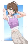  absurdres arms_behind_head awakened_miki blue_background brown_hair earrings epitaph_(1122) green_eyes highres hoshii_miki idolmaster idolmaster_(classic) jewelry khaki_pants looking_at_viewer midriff_peek navel open_mouth pants shirt short_hair simple_background smile tank_top wet wet_clothes white_shirt 