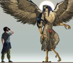 anthro avian beard bird birdrandomart bulge clothed clothing deity duo egyptian_mythology facial_hair falcon falconid halo human male mammal middle_eastern_mythology mythology peregrine_falcon ra scuted_arms scuted_legs scutes size_difference topless underwear