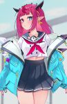  1girl absurdres aqua_jacket black_skirt blue_eyes blunt_bangs blush braid breasts crystal_wings english_commentary halo heterochromia highres hololive hololive_english horns irys_(gaming_casual)_(hololive) irys_(hololive) jacket long_hair long_sleeves magui3 medium_breasts midriff_peek multicolored_hair nail_polish neckerchief official_alternate_costume open_clothes open_jacket pleated_skirt pointy_ears purple_hair purple_nails purple_neckerchief red_hair sailor_collar school_uniform shirt skirt solo star_halo streaked_hair twitter_username virtual_youtuber white_shirt 