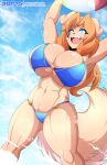  anthro ball beach_ball big_breasts bikini breasts butt_from_the_front canid canine cleavage clothed clothing female hi_res inflatable mammal sagestrike2_(artist) solo swimwear water 