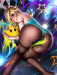  1girl animal_ears ass bangs blonde_hair blue_eyes blush bow breasts bunny crown earrings fake_animal_ears hair_over_one_eye highres jewelry leotard liang_xing long_hair looking_at_viewer luma_(mario) mario_(series) pantyhose playboy_bunny rabbit_ears rabbit_girl rabbit_tail rosalina simple_background smile solo star_(symbol) star_earrings super_mario_galaxy tail wrist_cuffs 
