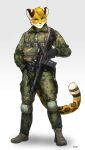  2022 absurd_res anthro blue_eyes bottomwear cheetah clothing felid feline footwear fur gun hi_res male mammal military pants pgm300 ranged_weapon shoes simple_background smile solo uniform weapon white_background 