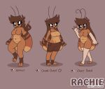  2_toes 4_fingers alternate_costume antennae_(anatomy) anthro armwear arthropod belly black_eyes blattodea bottomwear breasts brown_body brown_bottomwear brown_clothing brown_cutoffs brown_fingerless_gloves brown_footwear brown_gloves brown_hair brown_handwear brown_shirt brown_shorts brown_socks brown_topwear character_name clothing cockroach color_swatch cutoffs denim denim_bottomwear denim_clothing digital_media_(artwork) elbow_gloves english_text eye_through_hair eyebrow_through_hair eyebrows eyelashes featureless_breasts feet female fingerless_gloves fingers footwear gesture gloves grey_background hair handwear hi_res imbynova insect leg_warmers legwear medium_breasts model_sheet mostly_nude navel non-mammal_breasts one_leg_up open_mouth open_smile rachie_(imbynova) raised_leg shirt shorts simple_background slightly_chubby smile socks solo standing tail text thick_thighs toeless_footwear toeless_socks toes topwear translucent translucent_hair walking waving white_armwear white_clothing white_elbow_gloves white_fingerless_gloves white_gloves white_handwear white_knee_highs white_leg_warmers white_legwear wide_hips 