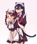  2girls :d ;3 animal_ears apron artist_name bell black_dress black_hair blush braid brown_eyes brown_hair carmine_(pokemon) cat_ears cat_tail crossed_bangs dress english_commentary eyelashes hair_between_eyes hands_on_another&#039;s_shoulders highres juliana_(pokemon) long_hair looking_at_viewer maid maid_apron maid_headdress mole mole_under_eye multiple_girls neck_bell one_eye_closed open_mouth pokemon pokemon_sv red_hair single_braid smile symoca tail white_background yellow_eyes 