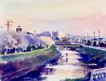  bridge building canal city didi_daisukedoi highres house no_humans original painting_(medium) pink_sky sky sunset traditional_media utility_pole water watercolor_(medium) 