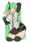  1girl absurdres arm_behind_head arm_up armpits bangs bra breasts collarbone collared_shirt cowboy_shot cropped_legs detached_sleeves eyebrows_visible_through_hair fingernails flat_color green_eyes green_hair green_nails grey_background hand_up hatsune_miku headset highres large_breasts long_hair looking_at_viewer microskirt nail_polish navel necktie one_eye_closed open_clothes open_shirt parted_lips pleated_skirt pulled_by_self ruukii_drift seductive_smile shirt simple_background skindentation skirt smile solo strap_pull teasing thighhighs twintails underwear undone_necktie very_long_hair vocaloid wing_collar zettai_ryouiki 