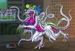  absurd_res anthro breasts building butt character_name city city_background eldritch_being female fin hi_res kaiju lokidragon87 maniya monster multi_breast multi_eye nipples quills_(anatomy) solo tentacles unknown_species vehicle 