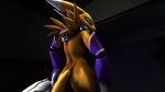  3d_(artwork) anthro bandai_namco bedroom_eyes black_sclera blue_eyes blurred_background butt canid canine clothing dark_room digimon digimon_(species) digital_media_(artwork) eyebrows female fightorflightsfm fox fur gloves handwear hi_res light lighting looking_at_viewer looking_back mammal narrowed_eyes png_file pose purple_clothing purple_gloves purple_handwear renamon seductive shaded solo source_filmmaker warfaremachine white_body white_fur white_tail yellow_body yellow_fur 