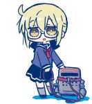  1girl animal_collar artoria_pendragon_(fate) black-framed_eyewear black_footwear black_sailor_collar black_skirt blonde_hair blue_shirt blush brown_eyes character_request chibi collar colored_shadow commentary_request fate/grand_order fate_(series) full_body glasses grey_socks hair_between_eyes holding holding_leash kasuga_yuuki kneehighs leash long_sleeves looking_at_viewer mysterious_heroine_x_alter_(fate) parted_lips pleated_skirt red_collar sailor_collar semi-rimless_eyewear shadow shirt shoes simple_background skirt sleeves_past_wrists socks standing under-rim_eyewear white_background 